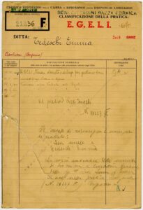 Copertina del fascicolo EGELI intestato a Emma Tedeschi, 1944, Archivio Storico Intesa Sanpaolo, Patrimonio Cariplo, Credito Fondiario, Fondo EGELI, b. 120, fasc. 2