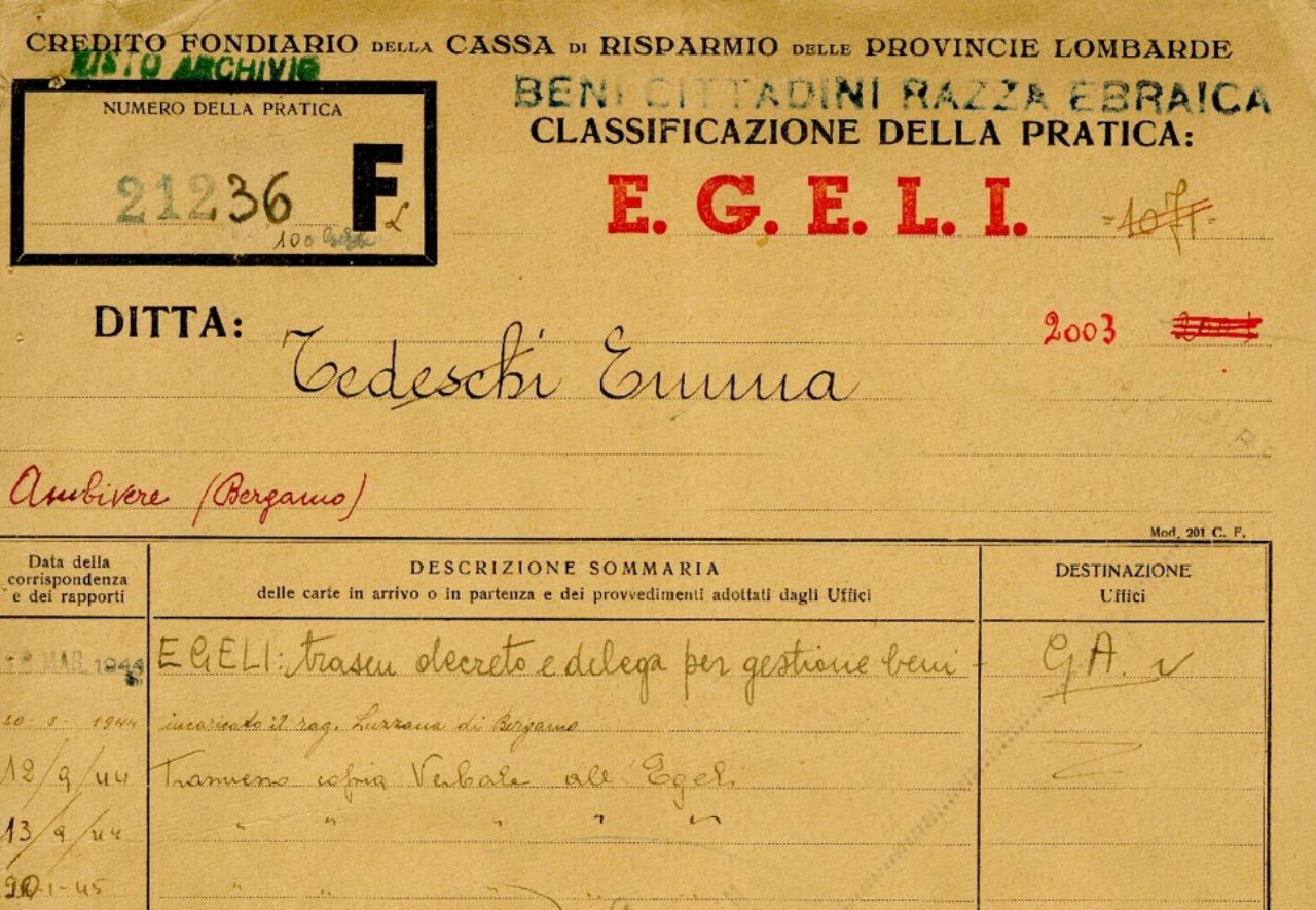 Particolare della copertina del fascicolo EGELI intestato a Emma Tedeschi, 1944, Archivio Storico Intesa Sanpaolo, Patrimonio Cariplo, Credito Fondiario, Fondo EGELI, b. 120, fasc. 2